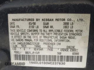 1998 Nissan Altima XE with VIN 1N4DL01D0WC237630, listed as a IAAI auction lot 41297277 with 101,965 mi miles. Bid and sale history available at carsss.com. Image 9.