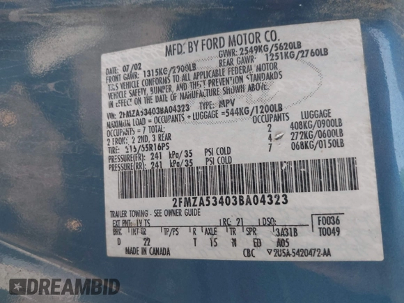 2003 Ford Windstar SEL with VIN 2FMZA53403BA04323, listed as a IAAI auction lot 42600207 with 273,136 mi miles and . Bid and sale history available at DreamBid. Image 9.