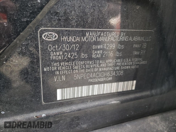 2013 Hyundai Sonata Limited with VIN 5NPEC4ACXDH634308, listed as a Copart auction lot 43289705 with 184,707 mi miles and Salvage Title. Bid and sale history available at DreamBid. Image 12.