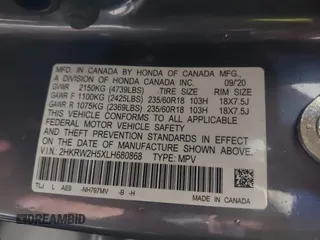 2020 Honda CR-V EX with VIN 2HKRW2H5XLH680868, listed as a IAAI auction lot 41914717 with 58,948 mi miles and . Bid and sale history available at DreamBid. Image 9.