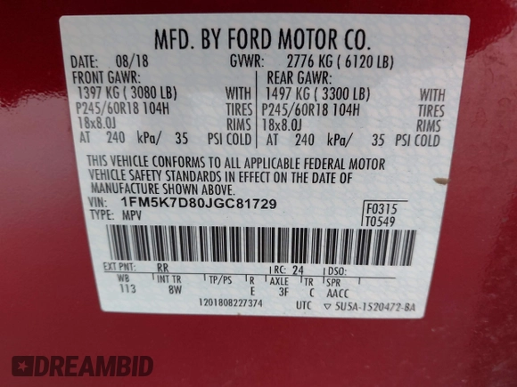 2018 Ford Explorer XLT с VIN 1FM5K7D80JGC81729, выставлен на аукционе IAAI как лот 42372561 с пробегом 68 348 миль миль и . История ставок и продаж доступна на DreamBid. Изображение 9.