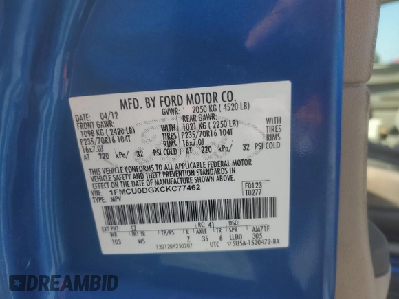 2012 Ford Escape XLT with VIN 1FMCU0DGXCKC77462, listed as a Copart auction lot 63850495 with Not provided miles and Clean title. Bid and sale history available at DreamBid. Image 12.