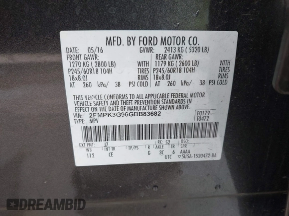 2016 Ford Edge SE с VIN 2FMPK3G96GBB83682, выставлен на аукционе IAAI как лот 42474966 с пробегом 63 507 миль миль и . История ставок и продаж доступна на DreamBid. Изображение 9.