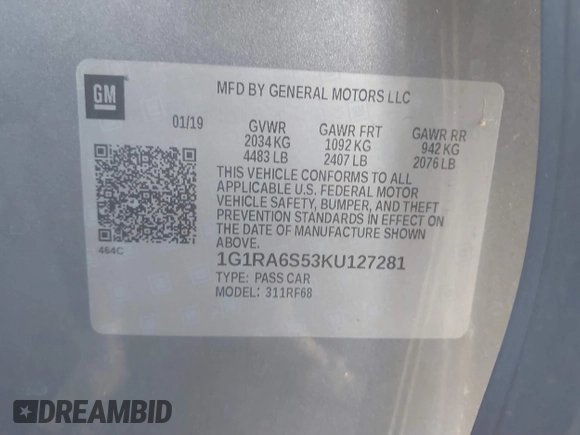 2019 Chevrolet Volt LT with VIN 1G1RA6S53KU127281, listed as a IAAI auction lot 41338231 with 23,554 mi miles. Bid and sale history available at carsss.com. Image 9.