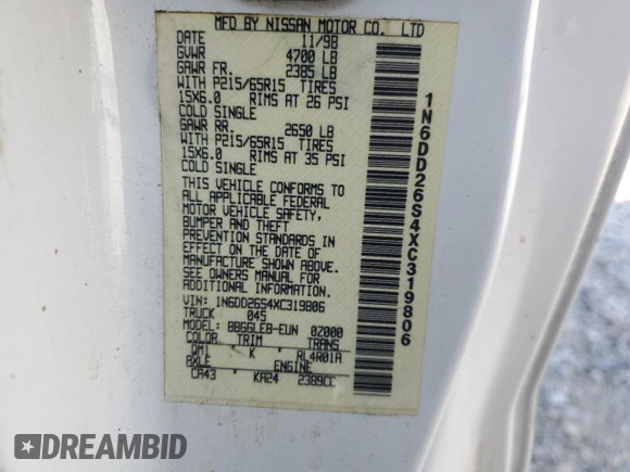 1999 Nissan Frontier XE with VIN 1N6DD26S4XC319806, listed as a Copart auction lot 54233635 with 311,759 mi miles and Clean title. Bid and sale history available at DreamBid. Image 12.