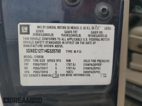2004 Chevrolet Avalanche Z66 with VIN 3GNEC12T14G328790, listed as a Copart auction lot 75331264 with 287,603 mi miles and Salvage Title. Bid and sale history available at DreamBid. Image 12.