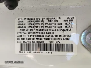 2020 Honda CR-V EX with VIN 7FART6H53LE005902, listed as a IAAI auction lot 41951308 with 50,498 mi miles and . Bid and sale history available at DreamBid. Image 9.