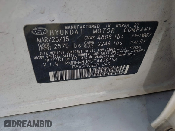 2015 Hyundai Azera Limited with VIN KMHFH4JG7FA476458, listed as a IAAI auction lot 41893979 with 149,114 mi miles and . Bid and sale history available at DreamBid. Image 9.