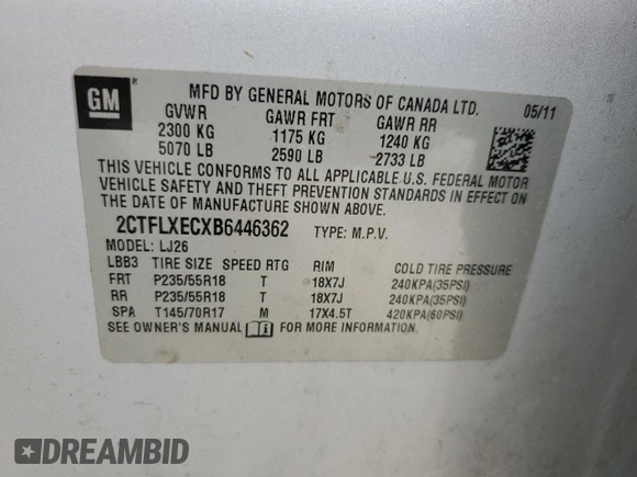 2011 GMC Terrain SLT-2 with VIN 2CTFLXECXB6446362, listed as a Copart auction lot 55929825 with 156,571 mi miles and Clean Title. Bid and sale history available at DreamBid. Image 13.