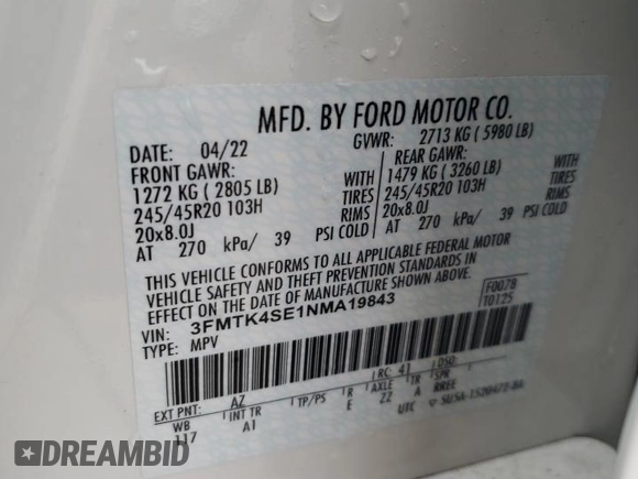 2022 Ford Mustang Mach-E GT with VIN 3FMTK4SE1NMA19843, listed as a Copart auction lot 43254025 with 22,507 mi miles and Salvage Title. Bid and sale history available at DreamBid. Image 13.