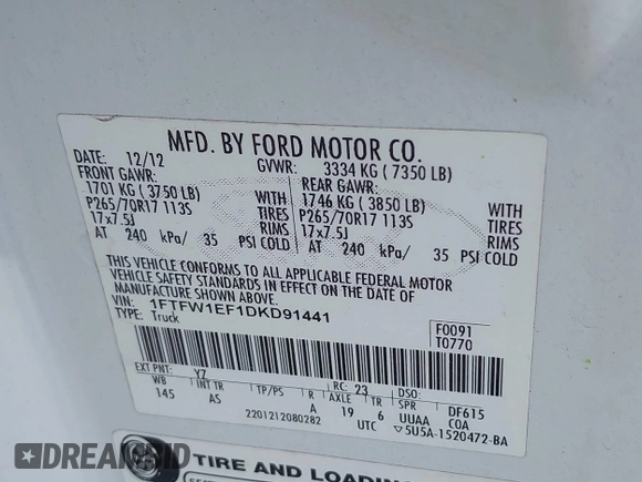 2013 Ford F-150 XL с VIN 1FTFW1EF1DKD91441, выставлен на аукционе IAAI как лот 42307232 с пробегом 155 041 миль миль и . История ставок и продаж доступна на DreamBid. Изображение 9.