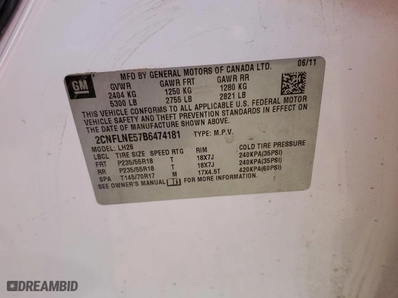 2011 Chevrolet Equinox LT w/2LT with VIN 2CNFLNE57B6474181, listed as a Copart auction lot 42148345 with 166,405 mi miles and Salvage Title. Bid and sale history available at carsss.com. Image 14.