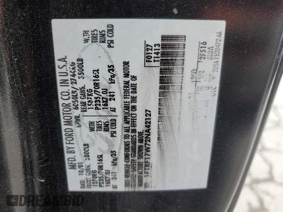 2002 Ford F-150 XL with VIN 1FTRF17W72NA42127, listed as a Copart auction lot 45278395 with 103,866 mi miles and Salvage Title. Bid and sale history available at carsss.com. Image 13.