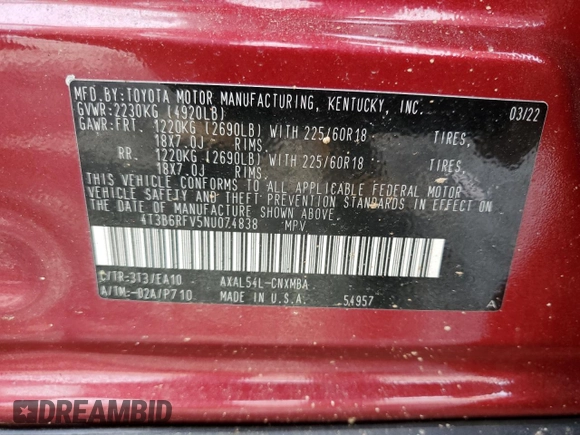 2022 Toyota RAV4 Hybrid XLE Premium with VIN 4T3B6RFV5NU074838, listed as a Copart auction lot 56697215 with 61,309 mi miles and Salvage title. Bid and sale history available at DreamBid. Image 14.
