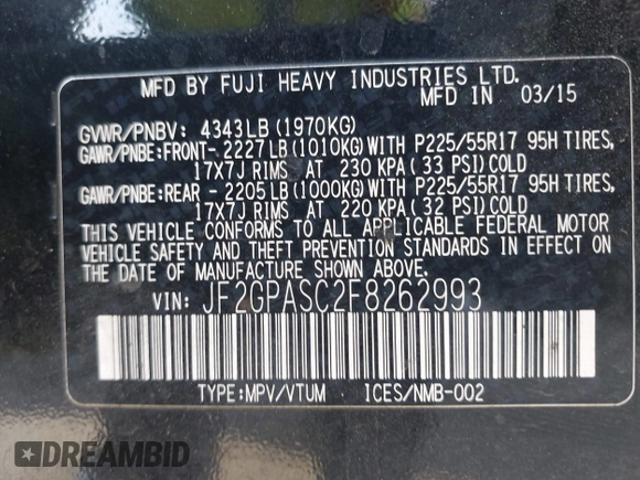 2015 Subaru Crosstrek Limited with VIN JF2GPASC2F8262993, listed as a IAAI auction lot 41097045 with 114,773 mi miles and . Bid and sale history available at DreamBid. Image 9.