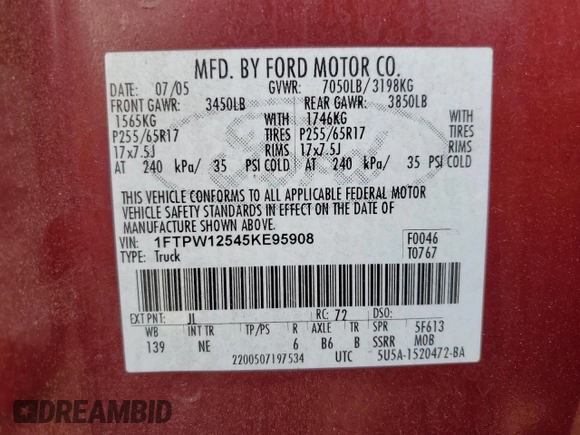 2005 Ford F-150 XLT with VIN 1FTPW12545KE95908, listed as a Copart auction lot 78095284 with 189,585 mi miles and Clean title. Bid and sale history available at DreamBid. Image 12.