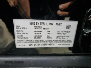 2023 Tesla Model S Plaid z VIN 5YJSA1E63PF498778, wystawiony jako Copart lot #43960765 z przebiegiem Nie podano mil oraz Szkoda całkowita • Salvage title. Historia ofert i sprzedaży dostępna na DreamBid. Obrazek 15.