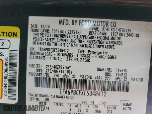 2015 Ford Mustang GT with VIN 1FA6P8CFXF5348412, listed as a Copart auction lot 58665155 with 41,878 mi miles and Salvage title. Bid and sale history available at DreamBid. Image 12.