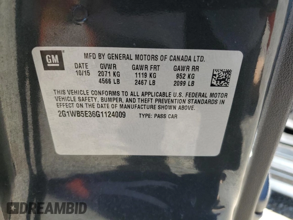2016 Chevrolet Impala LT with VIN 2G1WB5E36G1124009, listed as a Copart auction lot 59237555 with 130,835 mi miles and Salvage title. Bid and sale history available at DreamBid. Image 12.