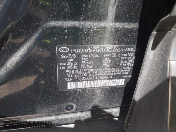 2019 Hyundai Santa Fe SEL with VIN 5NMS33AD4KH046114, listed as a IAAI auction lot 41826467 with 102,714 mi miles and . Bid and sale history available at DreamBid. Image 9.