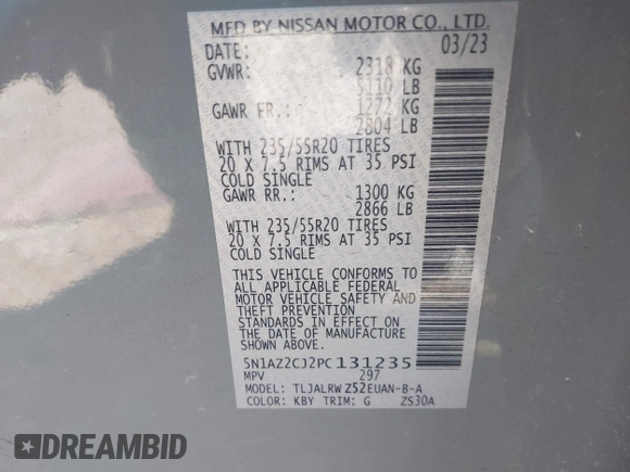 2023 Nissan Murano SL with VIN 5N1AZ2CJ2PC131235, listed as a IAAI auction lot 41639410 with 46,087 mi miles and . Bid and sale history available at DreamBid. Image 9.