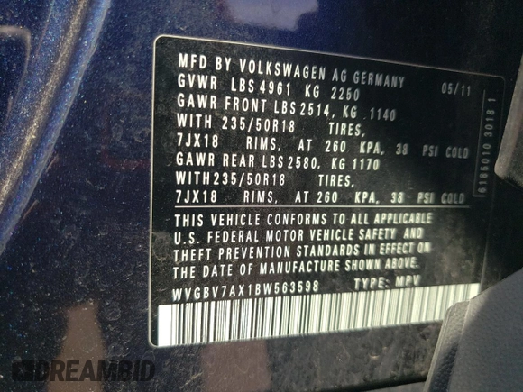 2011 Volkswagen Tiguan SE with VIN WVGBV7AX1BW563598, listed as a Copart auction lot 54215895 with 109,373 mi miles and Salvage Title. Bid and sale history available at DreamBid. Image 13.