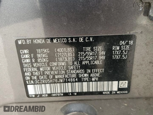 2018 Honda HR-V EX-L Navi with VIN 3CZRU5H76JM714864, listed as a Copart auction lot 44282305 with Not Provided miles and Salvage Title. Bid and sale history available at carsss.com. Image 12.