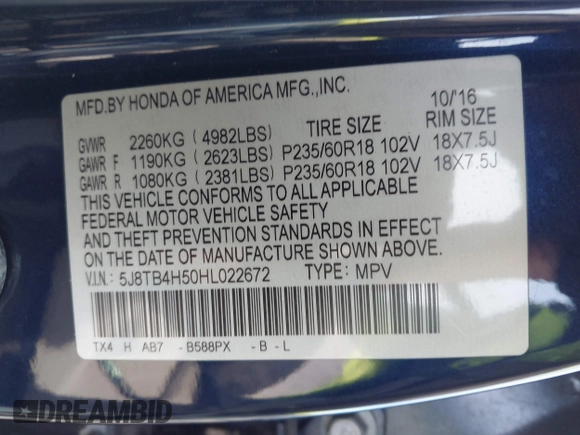 2017 Acura RDX Technology with VIN 5J8TB4H50HL022672, listed as a IAAI auction lot 41932109 with 51,929 mi miles and . Bid and sale history available at DreamBid. Image 9.