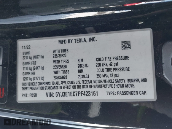 2023 Tesla Model 3 Performance with VIN 5YJ3E1EC7PF423161, listed as a IAAI auction lot 41566987 with 22,111 mi miles. Bid and sale history available at carsss.com. Image 9.