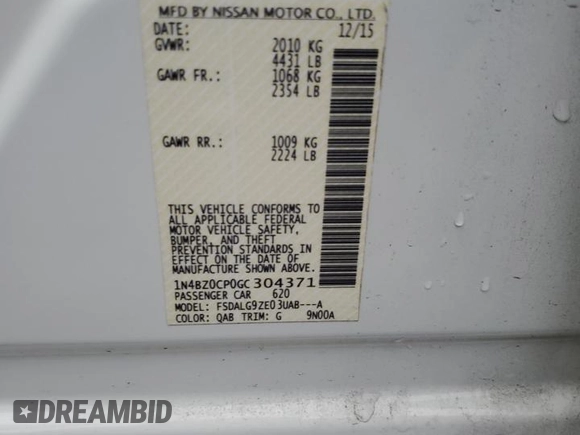 2016 Nissan LEAF S with VIN 1N4BZ0CP0GC304371, listed as a Copart auction lot 81785834 with 57,539 mi miles and Salvage Title. Bid and sale history available at carsss.com. Image 13.
