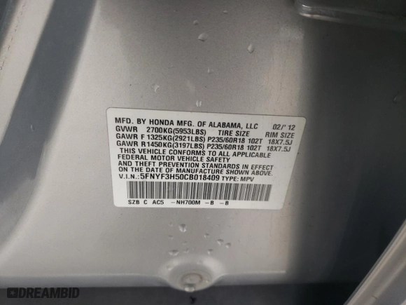 2012 Honda Pilot EX-L with VIN 5FNYF3H50CB018409, listed as a Copart auction lot 87824435 with 0 mi miles and Clean Title. Bid and sale history available at carsss.com. Image 13.