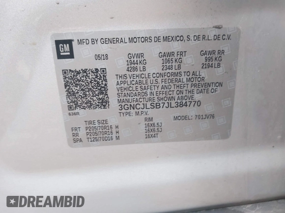 2018 Chevrolet Trax LT with VIN 3GNCJLSB7JL384770, listed as a IAAI auction lot 42176755 with 105,734 mi miles and . Bid and sale history available at carsss.com. Image 9.