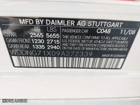 2009 Mercedes-Benz S-Class 5.5L V8 with VIN WDDNG71X09A272339, listed as a IAAI auction lot 41855197 with 130,972 mi miles. Bid and sale history available at carsss.com. Image 9.