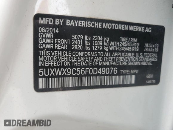 2015 BMW X3 xDrive28i z VIN 5UXWX9C56F0D49076, wystawiony jako Copart lot #56035035 z przebiegiem 82 176 mil mil oraz Szkody całkowita. Historia ofert i sprzedaży dostępna na DreamBid. Obrazek 13.