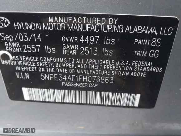 2015 Hyundai Sonata 2.4L Sport with VIN 5NPE34AF1FH076863, listed as a IAAI auction lot 41458535 with 168,605 mi miles. Bid and sale history available at carsss.com. Image 9.