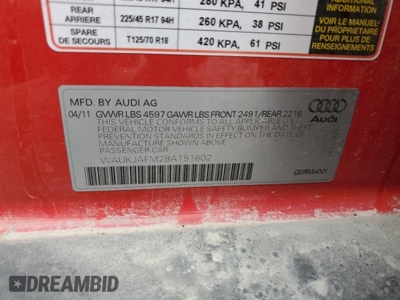 2011 Audi A3 Premium Plus with VIN WAUKJAFM2BA151602, listed as a Copart auction lot 56707445 with 174,787 mi miles and Salvage title. Bid and sale history available at DreamBid. Image 13.