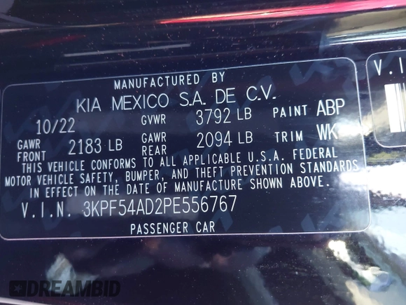 2023 Kia Forte GT-Line z VIN 3KPF54AD2PE556767, wystawiony jako IAAI lot #41245293 z przebiegiem 25 106 mil mil oraz . Historia ofert i sprzedaży dostępna na DreamBid. Obrazek 9.