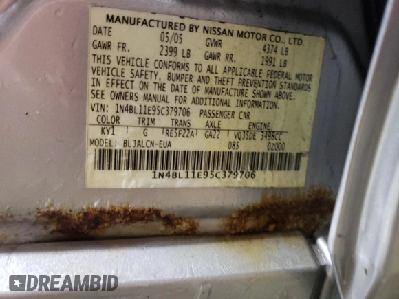 2005 Nissan Altima SE with VIN 1N4BL11E95C379706, listed as a Copart auction lot 87522825 with 95,371 mi miles and Salvage Title. Bid and sale history available at carsss.com. Image 12.