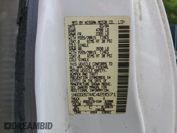 2004 Nissan Frontier XE с VIN 1N6DD26TX4C429571, выставлен на аукционе Copart как лот 59495345 с пробегом 90 531 миль миль и Чистый • Clean title. История ставок и продаж доступна на DreamBid. Изображение 12.