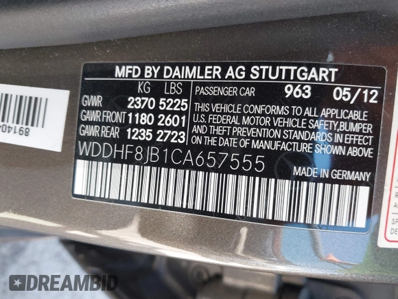 2012 Mercedes-Benz E 350 Luxury with VIN WDDHF8JB1CA657555, listed as a IAAI auction lot 42568153 with 57,773 mi miles and . Bid and sale history available at DreamBid. Image 9.