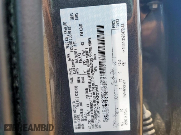 2020 Ford F-150 XL with VIN 1FTEW1CP9LKF25862, listed as a Copart auction lot 56596825 with 41,088 mi miles and Salvage title. Bid and sale history available at DreamBid. Image 12.