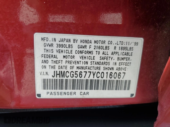 2000 Honda Accord SE with VIN JHMCG5677YC016067, listed as a Copart auction lot 54243735 with 155,183 mi miles and Salvage title. Bid and sale history available at DreamBid. Image 12.