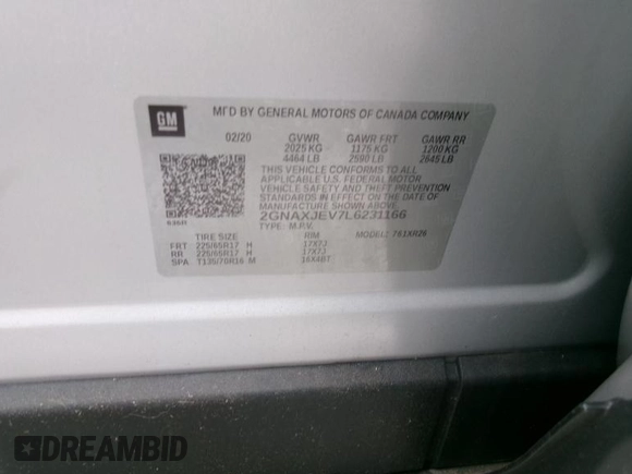 2020 Chevrolet Equinox LT with VIN 2GNAXJEV7L6231166, listed as a IAAI auction lot 42572055 with 24,491 mi miles and . Bid and sale history available at DreamBid. Image 3.