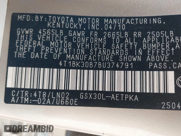 2011 Toyota Avalon with VIN 4T1BK3DB7BU374791, listed as a IAAI auction lot 39041827 with 205,600 mi miles and . Bid and sale history available at DreamBid. Image 9.