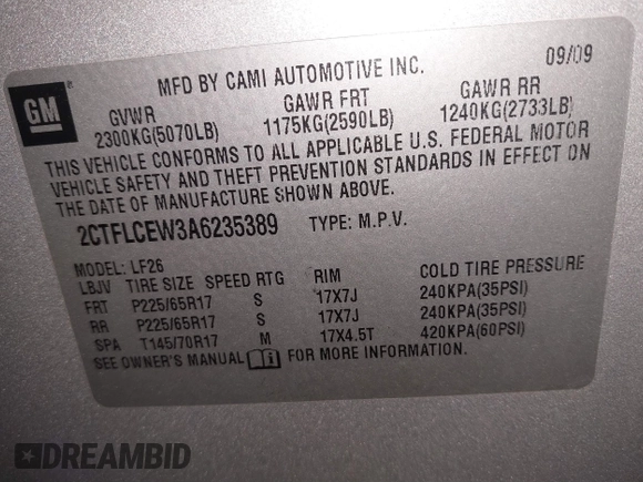 2010 GMC Terrain SLE-1 with VIN 2CTFLCEW3A6235389, listed as a IAAI auction lot 41566867 with 111,974 mi miles. Bid and sale history available at carsss.com. Image 9.