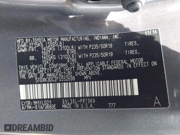 2015 Toyota Sienna SE with VIN 5TDXK3DC2FS552698, listed as a IAAI auction lot 42253119 with 110,710 mi miles and . Bid and sale history available at DreamBid. Image 9.