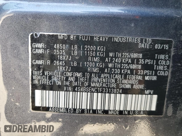 2015 Subaru Outback Limited z VIN 4S4BSENC1F3313824, wystawiony jako Copart lot #56659305 z przebiegiem 106 133 mil mil oraz Szkoda całkowita • Salvage title. Historia ofert i sprzedaży dostępna na DreamBid. Obrazek 14.