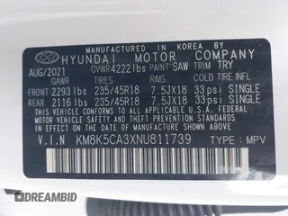 2022 Hyundai Kona Limited with VIN KM8K5CA3XNU811739, listed as a IAAI auction lot 41271588 with 50,007 mi miles and . Bid and sale history available at DreamBid. Image 9.