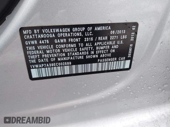2014 Volkswagen Passat S с VIN 1VWAP7A39EC002589, выставлен на аукционе IAAI как лот 41285260 с пробегом 102 489 миль миль и . История ставок и продаж доступна на DreamBid. Изображение 9.