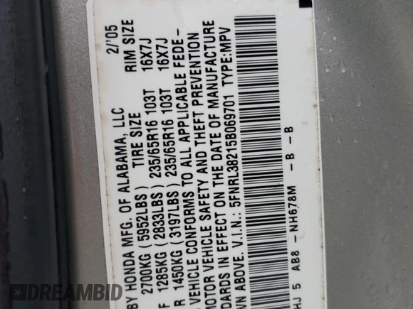 2005 Honda Odyssey LX with VIN 5FNRL38215B069701, listed as a Copart auction lot 50024525 with 293,999 mi miles and Salvage Title. Bid and sale history available at carsss.com. Image 15.